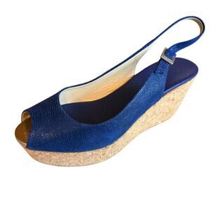 Jimmy Choo Platform Slingback Wedge Cork Peep Toe Sandals Blue 8.5